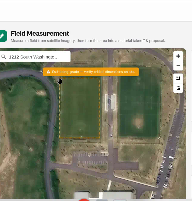 Field Measurement screen tracing a field on satellite imagery with area, acres, and perimeter readouts