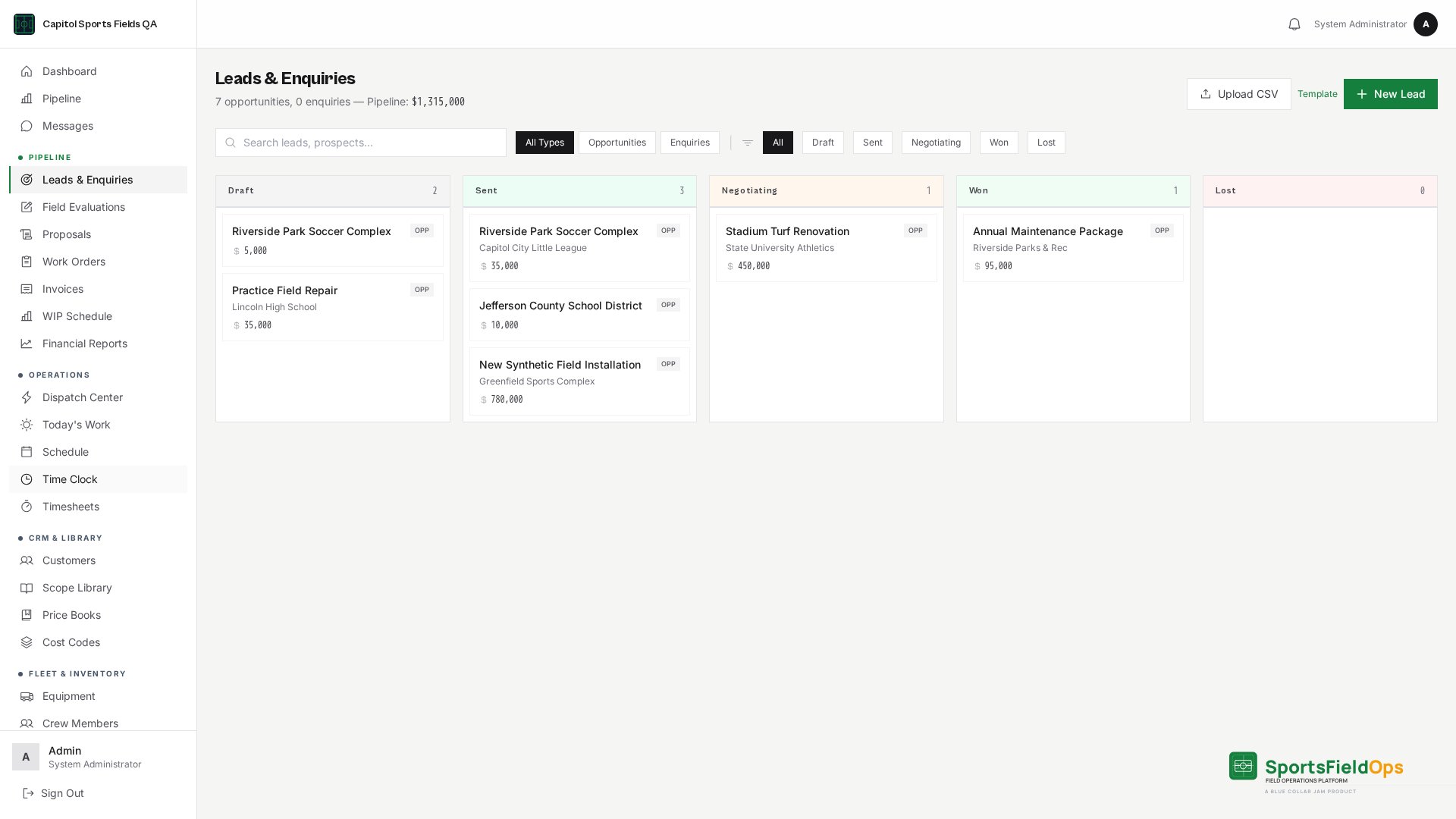 Leads and enquiries view with source, stage and owner columns