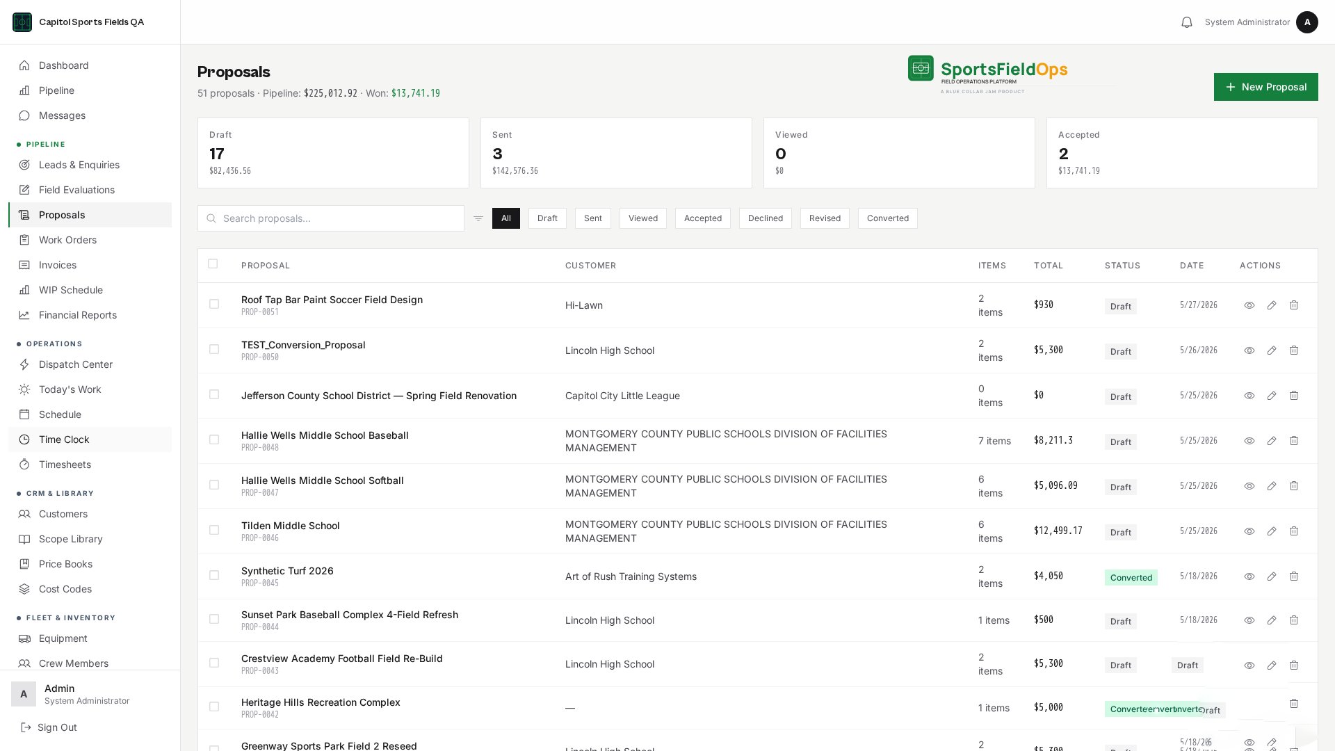 Proposal builder with line-item scope, pricing and e-signature block