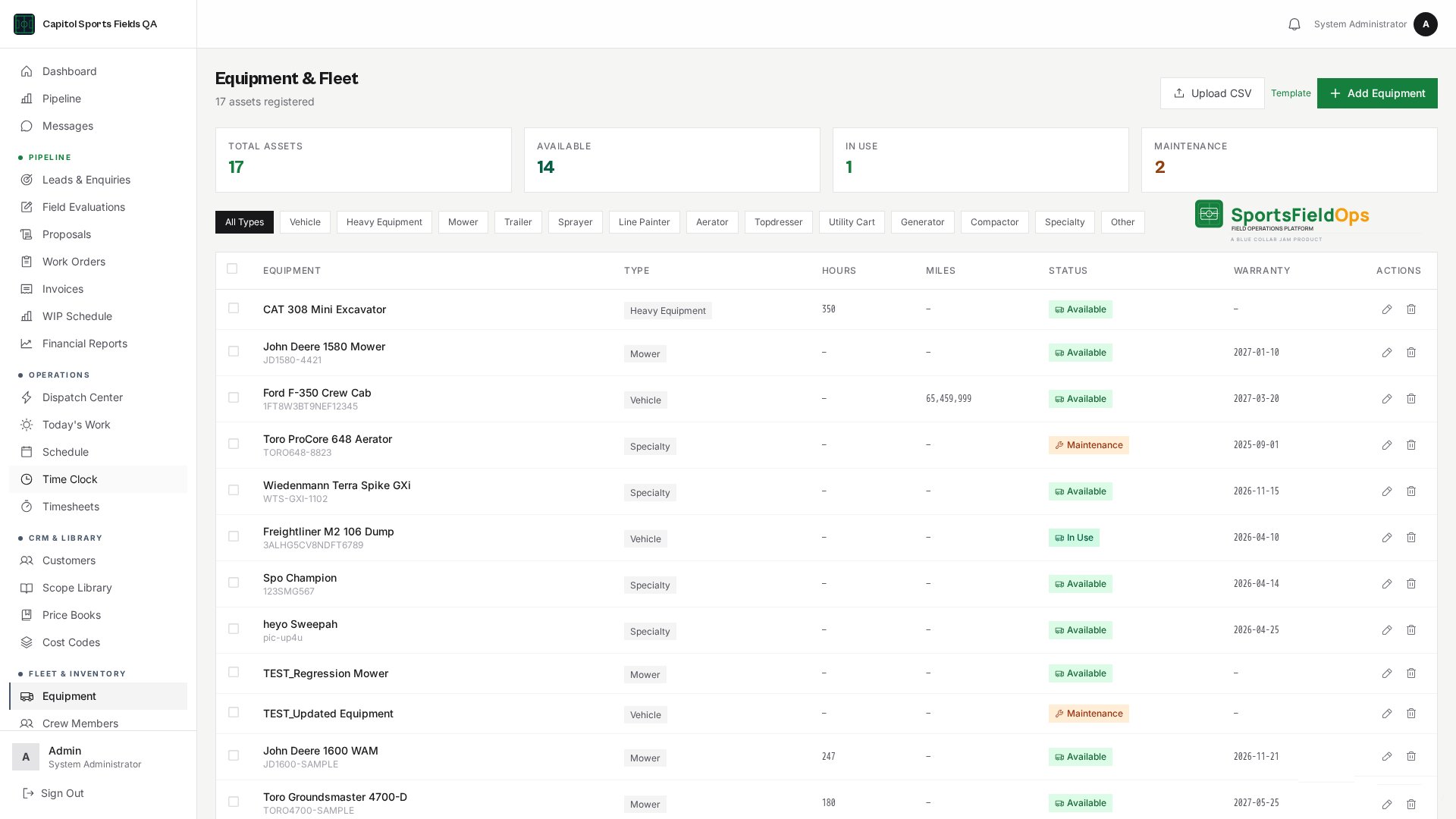 Equipment and fleet view with hour tracking and maintenance alerts