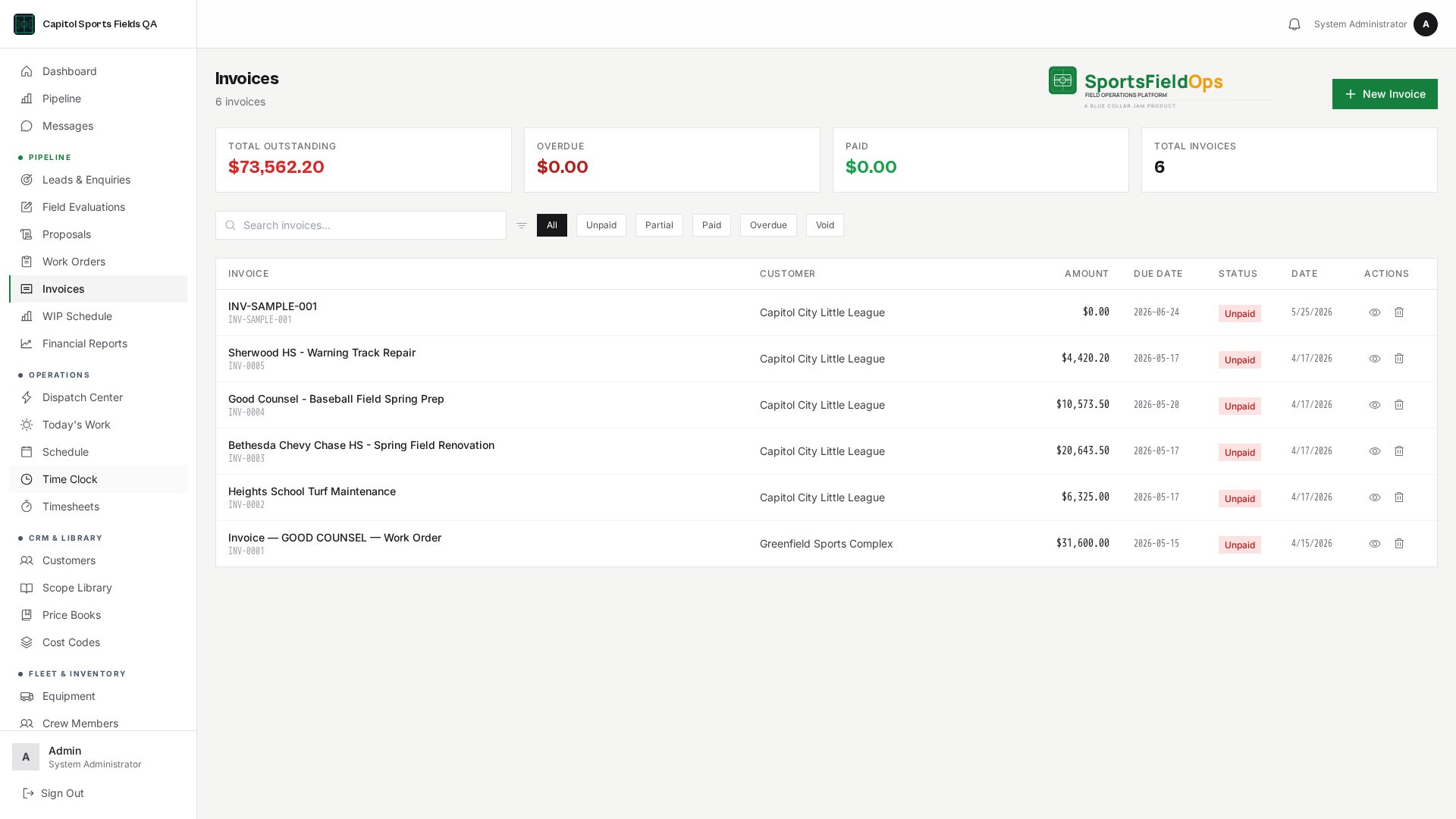 Invoices view matching the proposal line for line