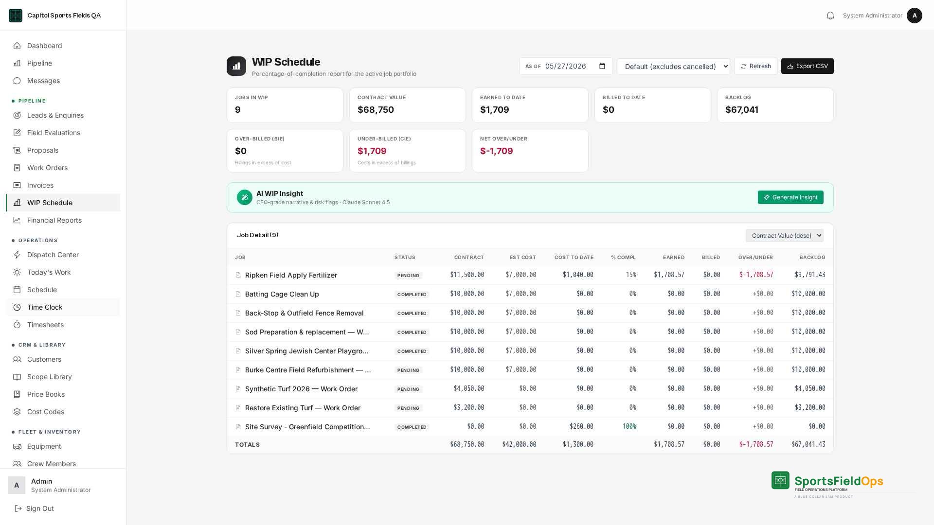 Live WIP schedule with percentage-of-completion columns and KPI cards