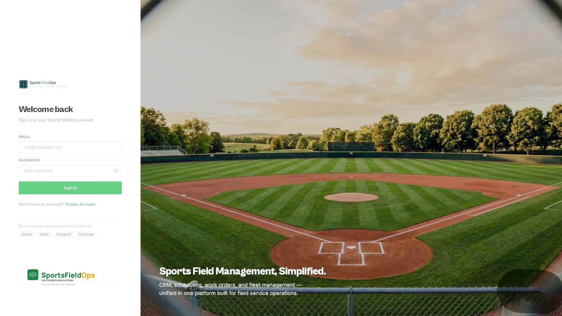 Branded SportsFieldOps sign-in screen on a baseball field background