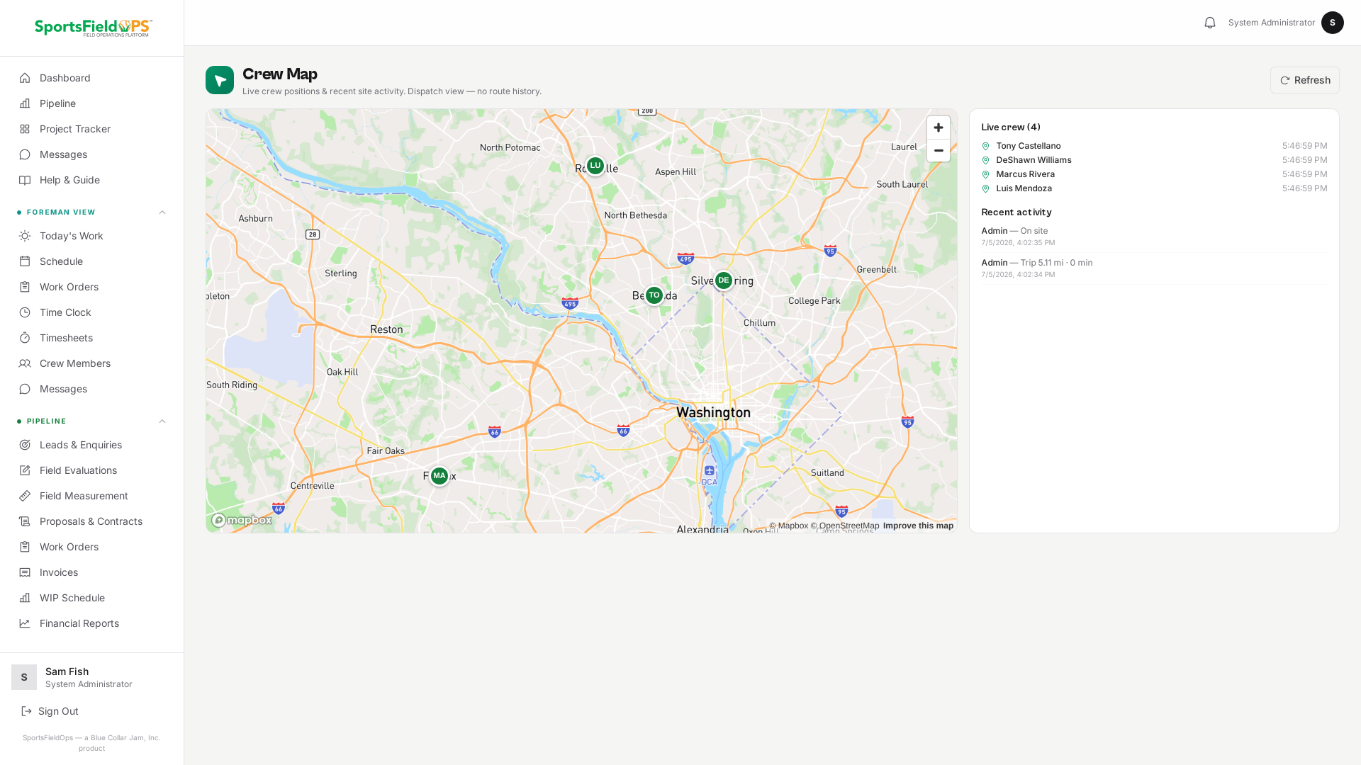 Live crew dispatch map with recent site-activity feed