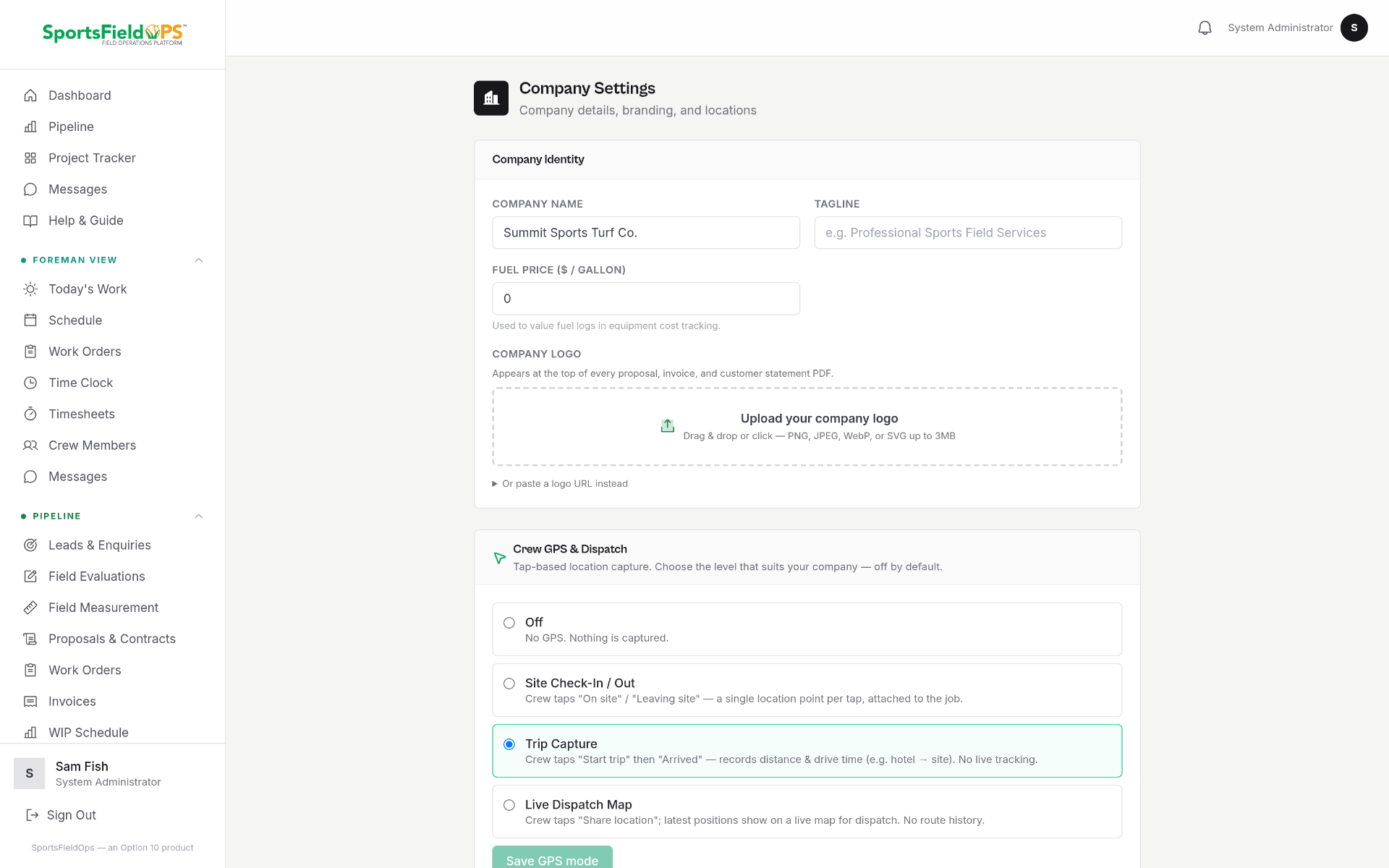 Company Settings panel showing the four Crew GPS modes: Off, Site Check-In, Trip Capture, Live Dispatch