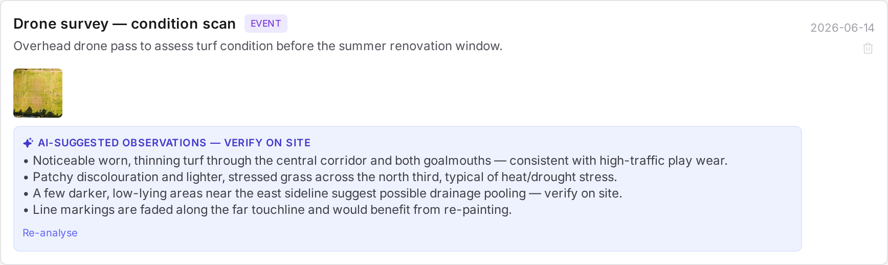 AI field-condition observations under an uploaded drone photo, listing turf wear, discolouration, and drainage cues