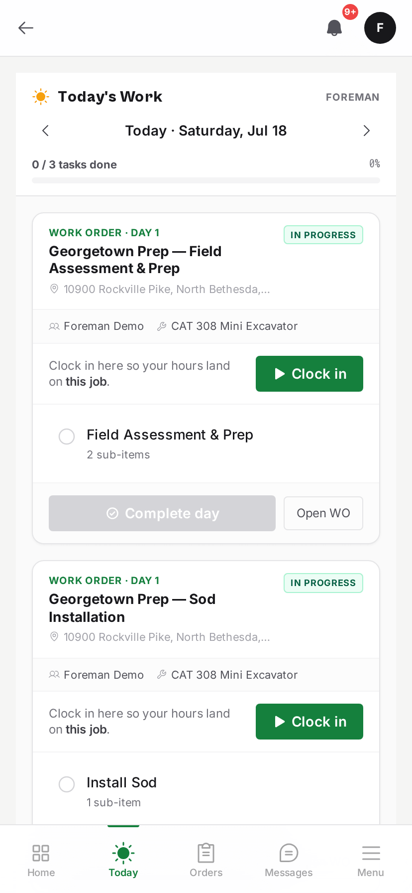 Foreman mobile Today's Work screen installed as a Progressive Web App