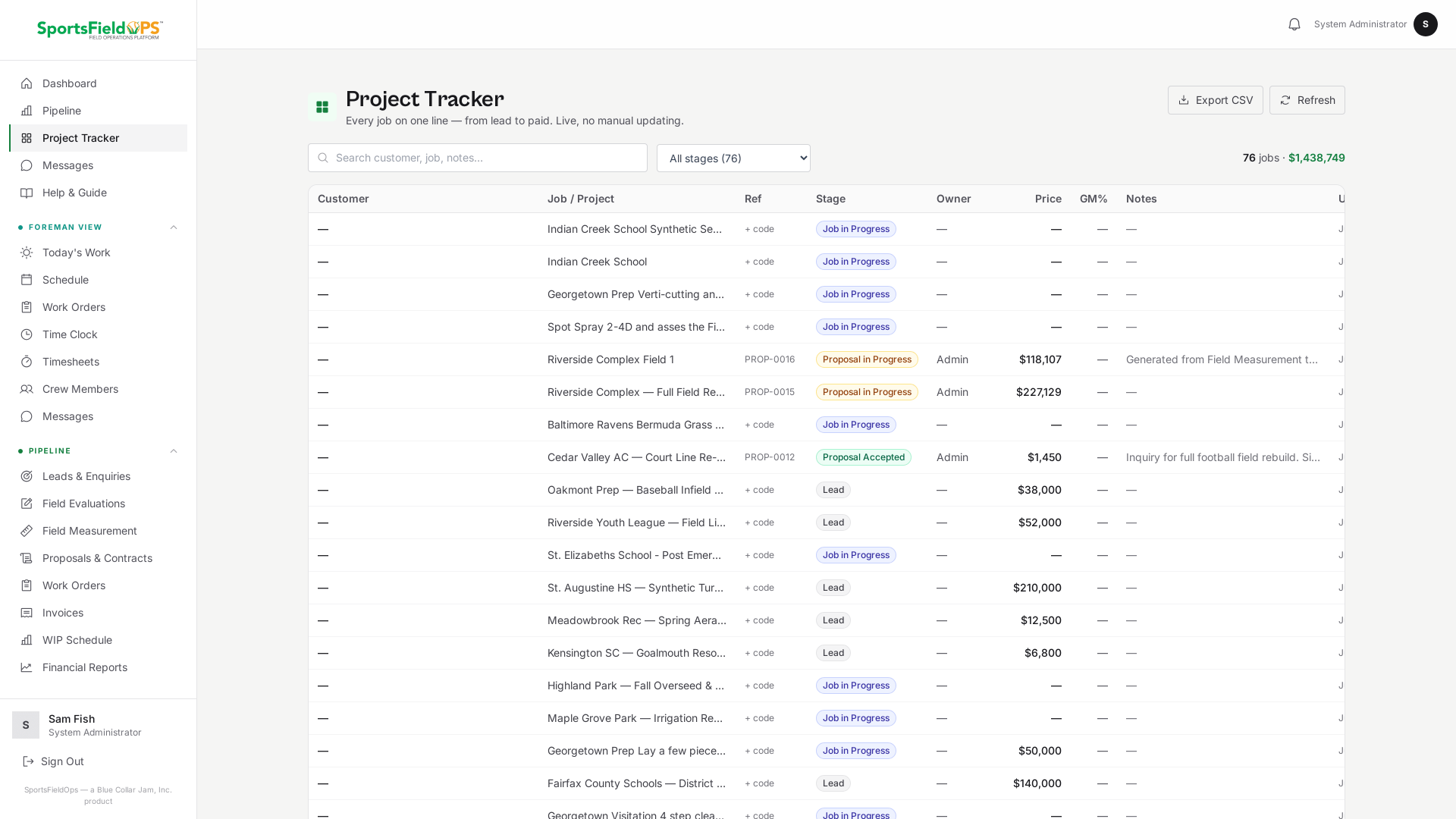 Project Tracker showing every job on one line with stage chips, price, and notes