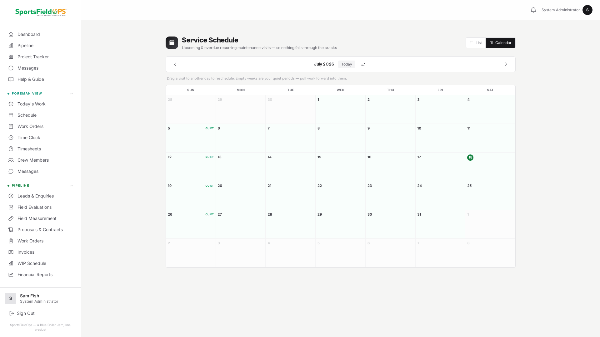 Service Schedule month calendar with drag-to-reschedule and QUIET week markers