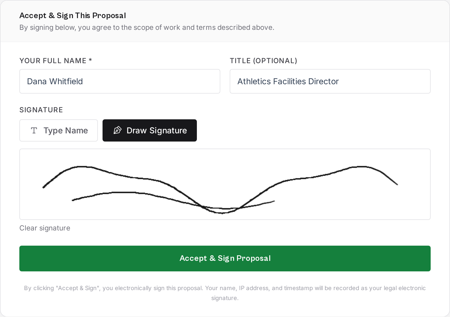 Public proposal accept-and-sign page with drawn signature on the e-signature pad